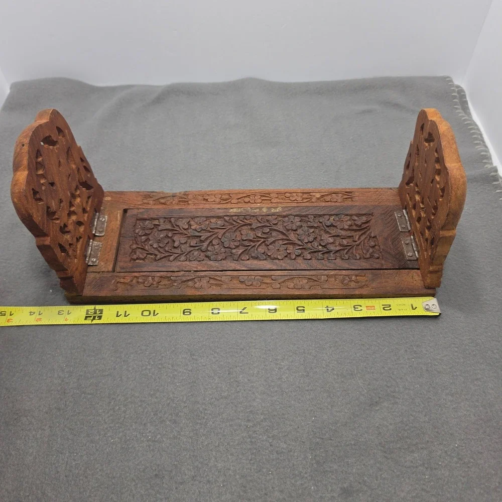 Vintage Hand Carved Floral Wood Book Slide Expandable Folding Desk Bookends B